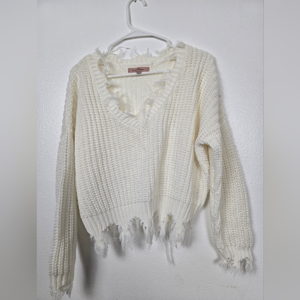 Cozy White Frayed Sweater